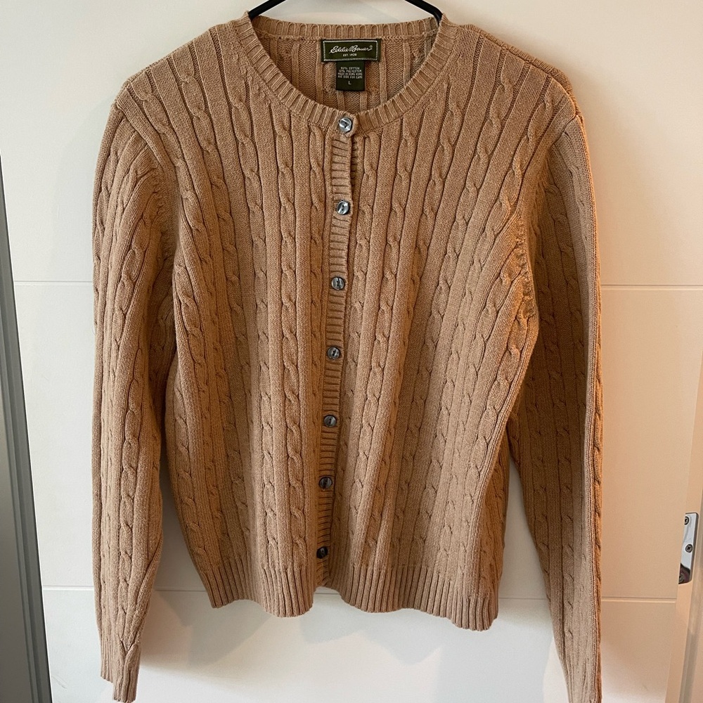 Eddie Bauer Camel Cable Knit Button-Up Sweater